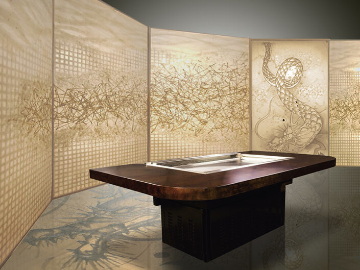 Illuminated Glass Laminated Washi with Smokeless Hibachi Roaster