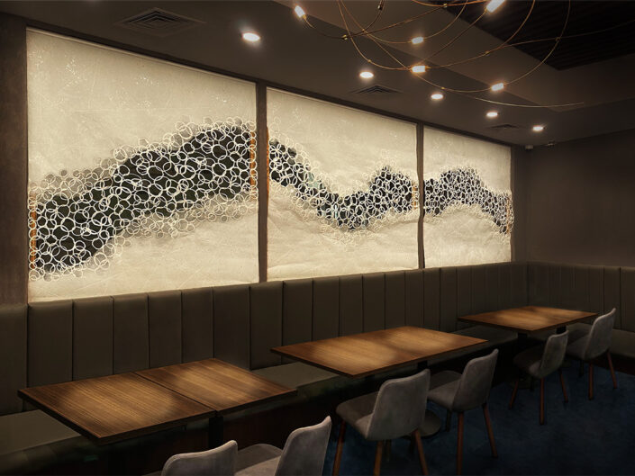 Art washi parchment window shades in exquisite Sushi restaurant in NYC